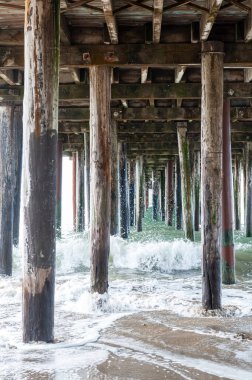 Exterior shot of the wooden support structure that carries the Sea Cliff Pier near Aptos, California.
