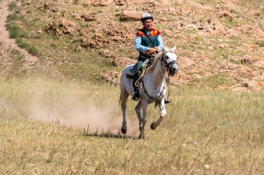 Kek-Say, Kyrgyzstan - August 9, 2025. Outdoor scene showing a Golden Eagle hunting demonstration in the mountains of Kyrgyzstan.