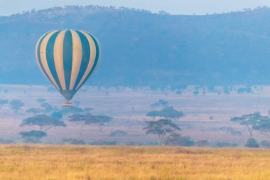 Kuzey Tanzanya 'da güneş doğarken serengeti üzerinde alçaktan uçan bir sıcak hava balonunun telefonu.