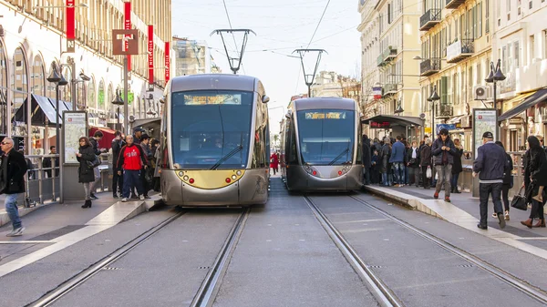 NICE, FRANCE - on JANUARY 13, 2016.  The high-speed tram goes on Jean Medsen Avenue