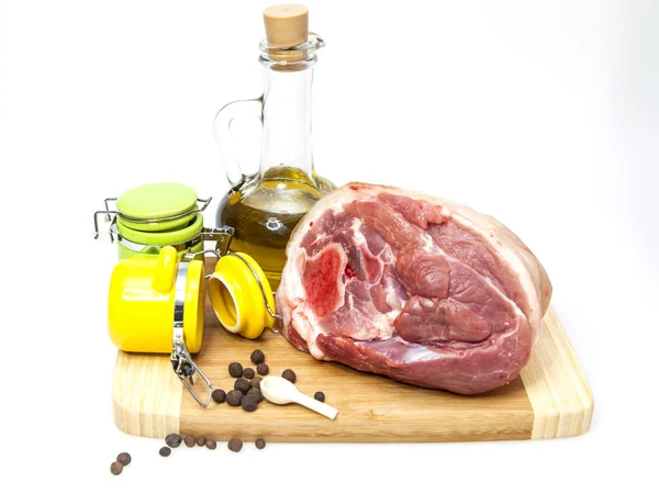 Crude pork hough, spices and kitchen utensils — Stock Photo, Image