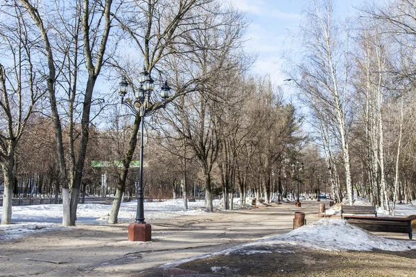 Poesjkino, Rusland, op 13 maart 2016. Stad landschap in het vroege voorjaar. Bomen in de boulevard — Stockfoto