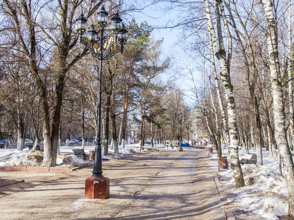 PUSHKINO, RUSSIA, on March 13, 2016. Городской пейзаж ранней весной. Деревья на бульваре — стоковое фото