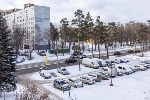 ПУШКИНО, РОССИЯ, 24 ЯНВАРЯ 2016 года. Зимний городской пейзаж. Вид на уличную парковку и покрытые снегом автомобили . — стоковое фото