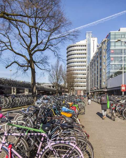 AMESTERDÃO, PAÍSES BAIXOS em 1 de abril de 2016. O estacionamento de bicicletas perto da estação central — Fotografia de Stock