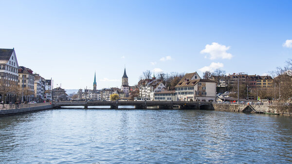 ZURICH, SWITZERLAND, on MARCH 26, 2016. Typical urban view in the spring morning. Architectural complex of the embankment