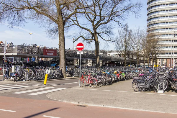 AMESTERDÃO, PAÍSES BAIXOS em 1 de abril de 2016. Vista urbana. O estacionamento de bicicletas perto da estação central — Fotografia de Stock