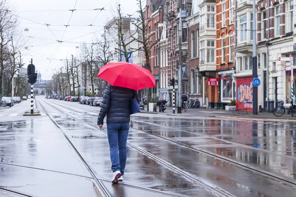 AMSTERDAM, PAYS-BAS, le 27 mars 2016. Vue urbaine typique le matin du printemps. La femme avec un parapluie rouge descend la rue sous la pluie — Photo