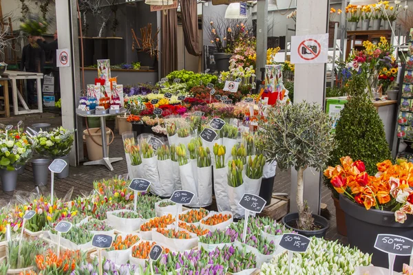 Amsterdam, försäljning av blommor i blomman marknaden. Buketter av olika tulpaner — Stockfoto