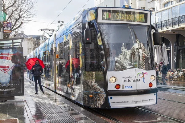 AMSTERDAM, PAÍSES BAJOS el 27 de marzo de 2016. Típica vista urbana en la tarde de primavera. El tranvía se mueve por la calle —  Fotos de Stock