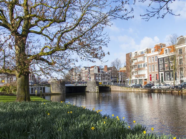 AMSTERDAM, PAÍSES BAJOS 30 DE MARZO DE 2016. Típica vista urbana en la tarde de primavera. Edificios de la construcción XVII-XVIII sobre terraplenes — Foto de Stock