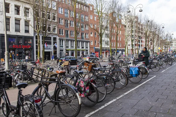 AMESTERDÃO, PAÍSES BAIXOS em 30 de março de 2016. Vista urbana. Bicicletas estão estacionadas na rua da cidade — Fotografia de Stock