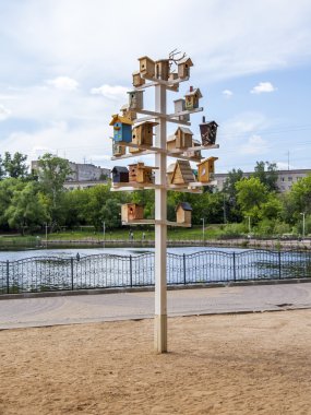 Pushkino, Rusya, 2 Haziran 2016. Göl kıyısında bir rekreasyon alanı. Zâviye kuşlar için