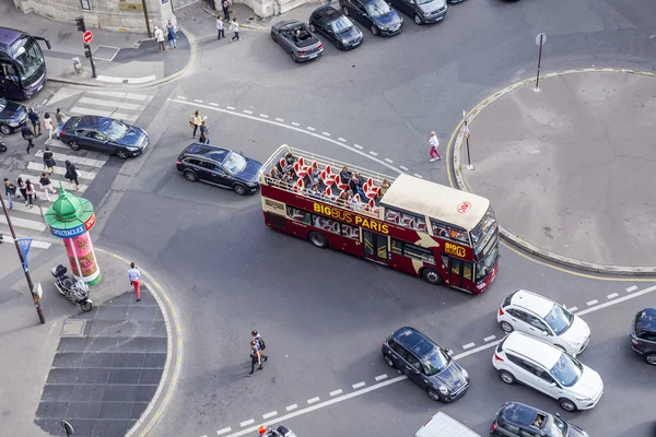 PARIS, FRANCE, on JULY 5, 2016. A typical urban view from the survey platform of the Gallery department store Lafayette. Excursion bus in the street