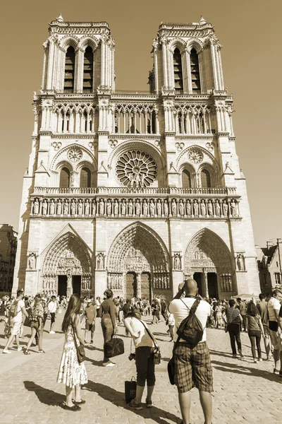 Париж, Франція, на 7 липня 2016. Нотр-Дам - один з основними визначними пам'ятками міста, його символом. Люди мають гарний час на Майдані — стокове фото