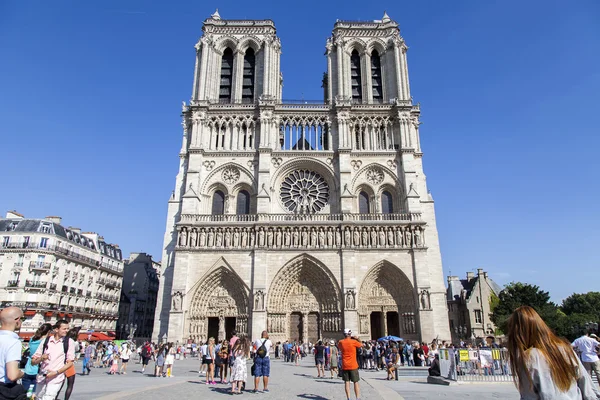 París, Francia, 7 de julio de 2016. Notre-Dame - uno de los principales lugares de interés de la ciudad, su símbolo. La gente se divierte en la plaza —  Fotos de Stock