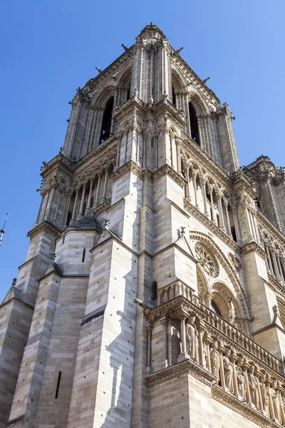 Париж, Франция, 7 июля 2016 г. Нотр-Дам - одна из главных достопримечательностей города, его символ. Архитектурный фрагмент фасада — стоковое фото
