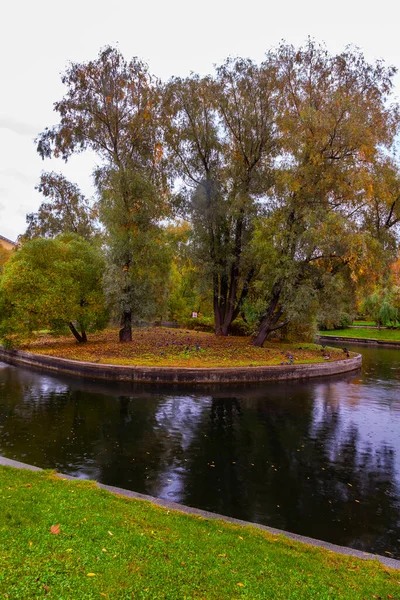 ロシアのサンクトペテルブルク2020年10月13日 ユスポフ庭園の美しい池の近くの風景パス 雨の日 — ストック写真