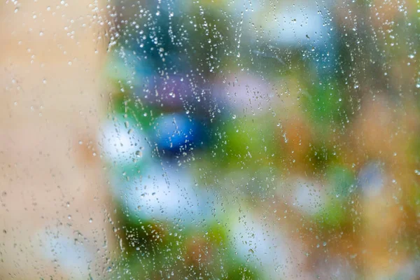 Wet Glass Drops Rain View Street Buildings Focus Drops — Stock Photo, Image