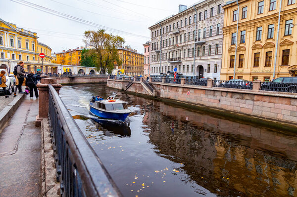St. Petersburg, Russia, October 13, 2020. View of the Griboyedov Canal and its picturesque embankments. Rainy weather