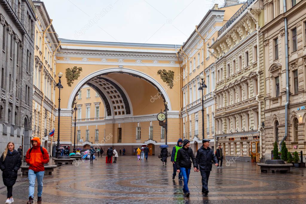 St. Petersburg, Russia, June 13, 2020. View of the street in historical part of the city. Arch of the General Staff Building in a distant