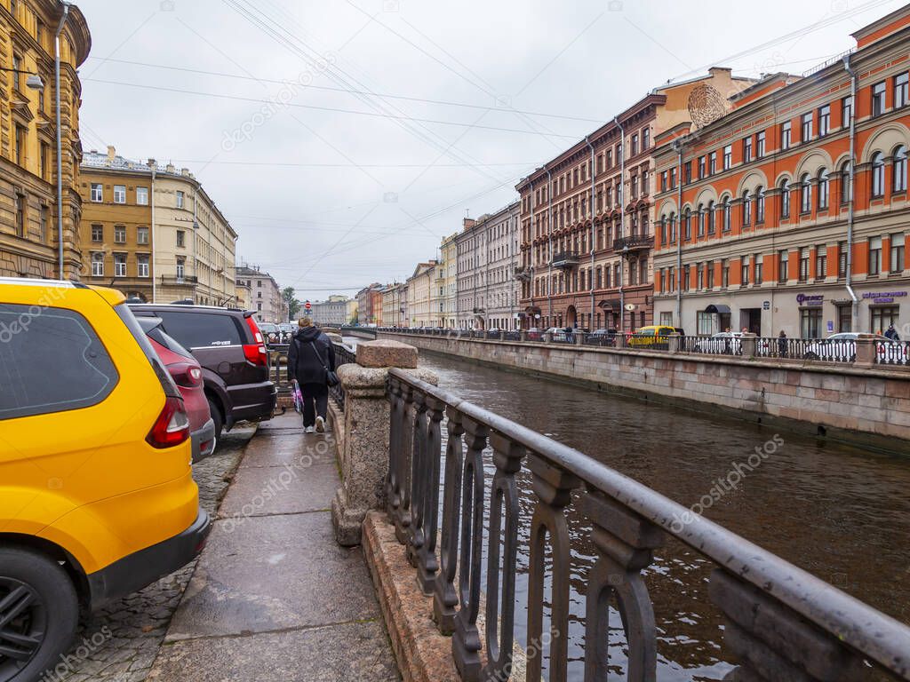 St. Petersburg, Russia, October 13, 2020. View of the Griboyedov Canal and its picturesque embankments. Rainy weather