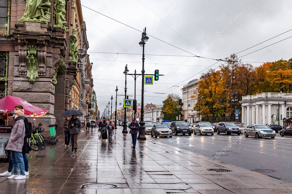 Saint Petersburg, Russia, October 13, 2020. Nevsky prospect is the main street of the city at rainy weather