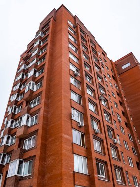 Pushkino, Russia, January 8, 2021. New multi-storey residential buildings, fragment of facade