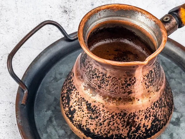 Black Coffee Vintage Copper Cezve Metal Tray — Stock Photo, Image