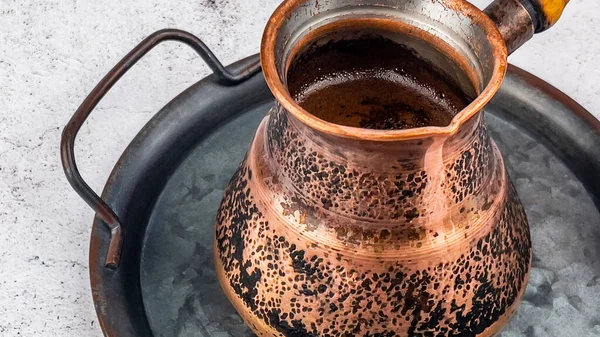 Black Coffee Vintage Copper Cezve Metal Tray — Stock Photo, Image