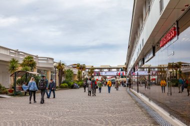 Sochi, Russia, April 12, 2021. Shopping street on the embankment in the port of the Sochi Marina