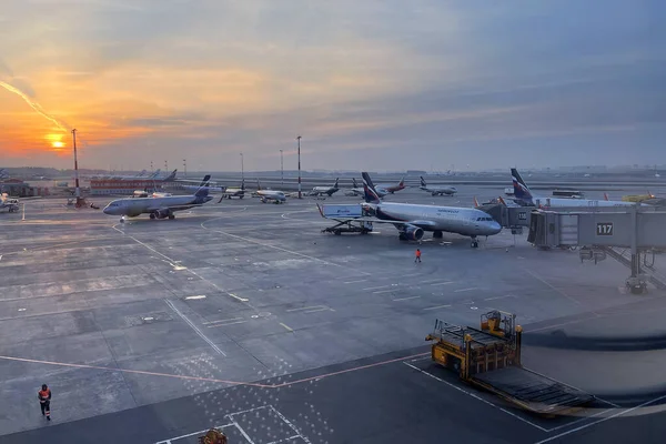 Moscow Russia April 2021 Aircraft International Airport Sheremetyevo Time Sunrise — Stock Photo, Image
