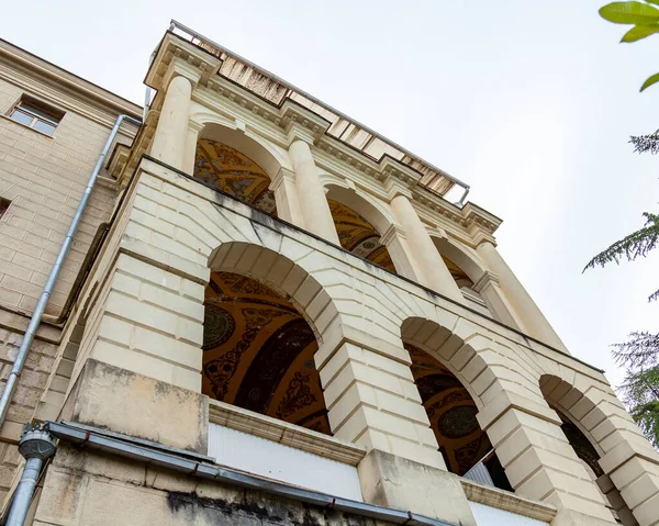 Sochi Russia April 2021 Fragment Facade Main Building Abandoned Ordzhonikidze — Stock Photo, Image