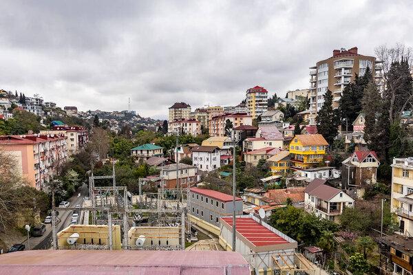 Sochi, Russia, April 12, 2021. Typical urban landscape on a cloudy spring day, 