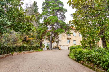 Sochi, Rusya, 13 Nisan 2021. Terk edilmiş Ordzhonikidze sanatoryumunun parkın pitoresk bir köşesi, tarihi ve kültürel bir eğlence merkezi.