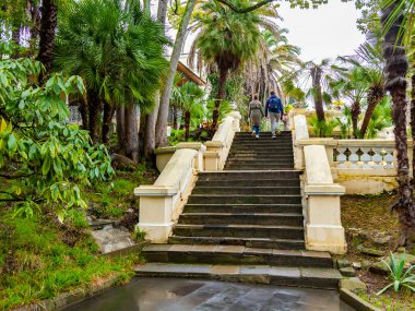 Sochi, Rusya, 12 Nisan 2021. Soçi botanik bahçesindeki eski taş merdivenler.