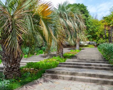 Sochi, Rusya, 18 Nisan 2021. Kıyıya doğru eski taş merdivenler