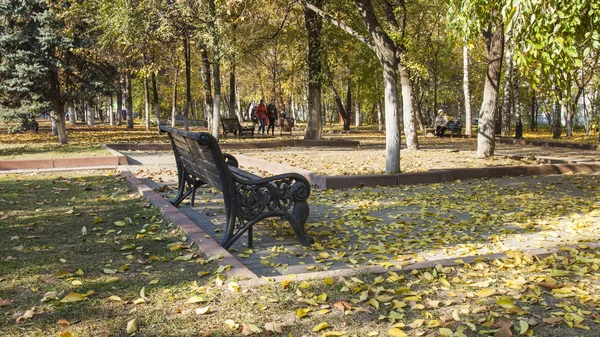 Bank mit abgefallenem Laub im Herbstpark — Stockfoto