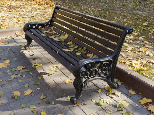 Banco con hojas caídas en el parque de otoño —  Fotos de Stock