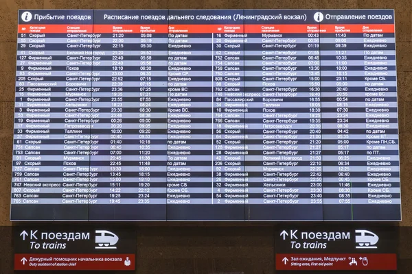 Moskau, russland, am 1. november 2014. Fahrplan im warteraum des leningrader bahnhofs — Stockfoto