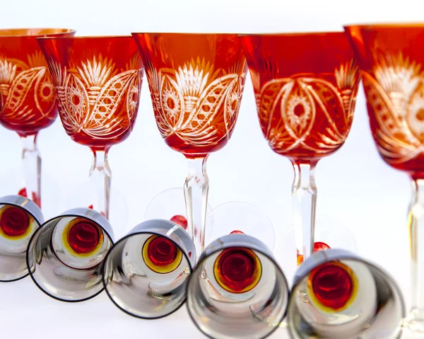 Ware for table layout. Crystal shot glasses and wine glasses — Stock Photo, Image