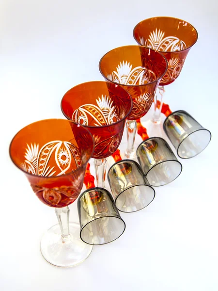 Ware for table layout. Crystal shot glasses and wine glasses — Stock Photo, Image