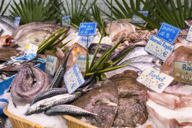 Paris, Fransa. Balık ve deniz ürünleri semt pazarı bir sayaçta