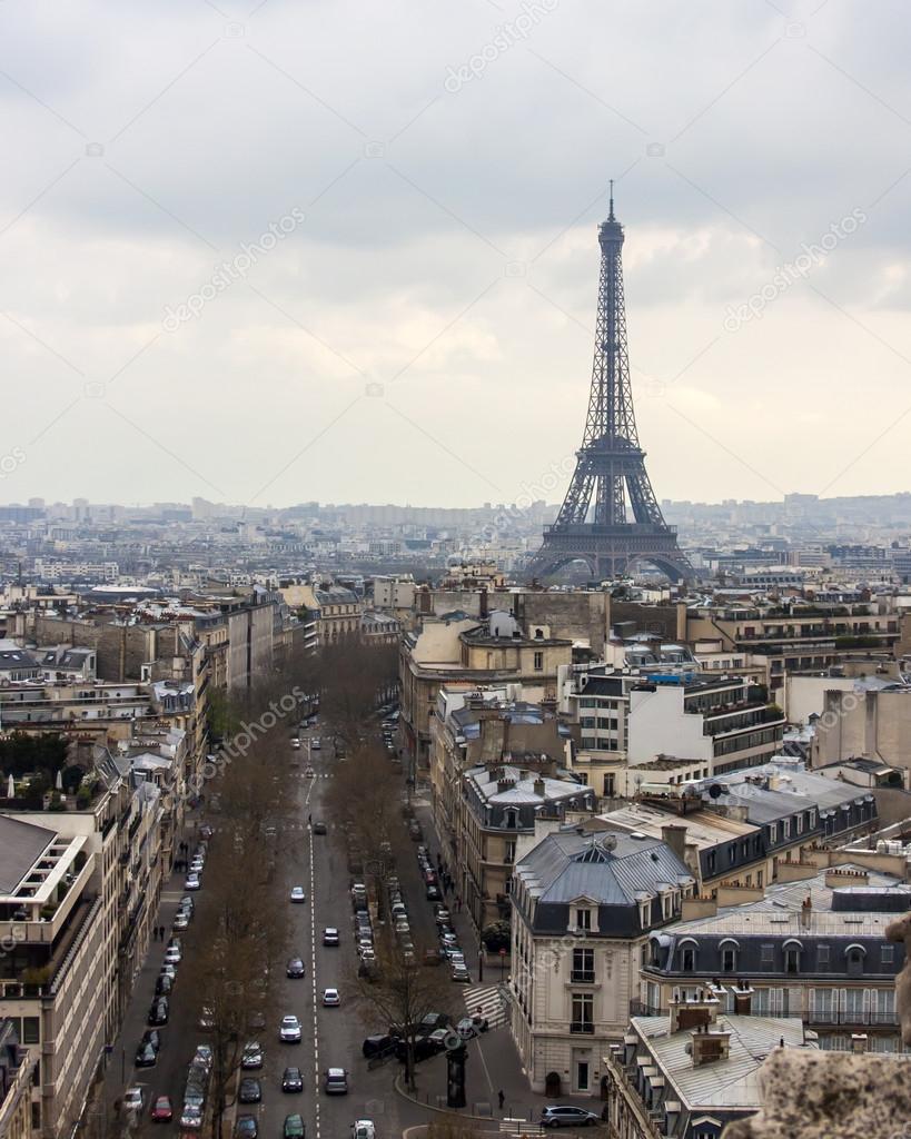 Paris, France, on March 27, 2011. A city landscape with the Eiffel Tower. View from the Triumphal Arch. The Eiffel Tower - one of the most recognizable sights of Paris