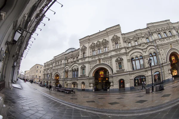 Moscow, Russia, on January 27, 2015. Fisheye view of Nikolskaya Street and building of the GUM historical shop. Nikolskaya Street - one of the oldest streets of Moscow