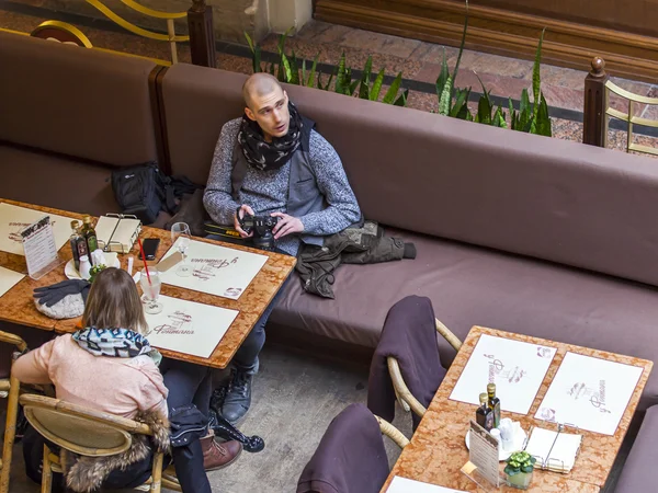 Moscow, Russia, on February 15, 2015. One of numerous cafes in a trading floor of the GUM historical shop