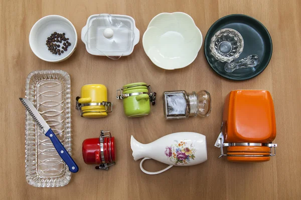 Multi-colored ceramic kitchen ware, top view — Stock Photo, Image