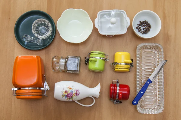 多彩色陶瓷厨具，顶视图 — 图库照片