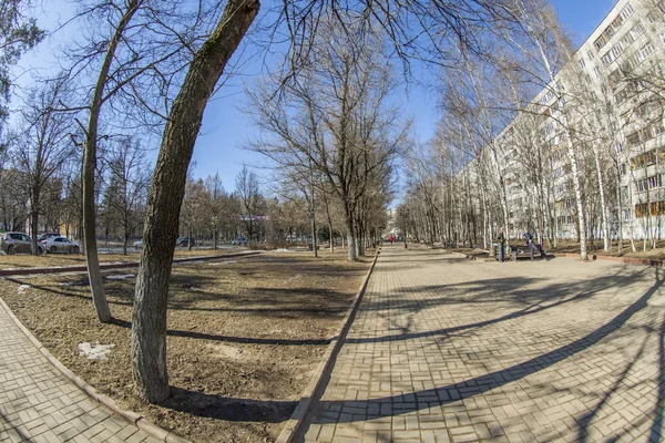 Pushkino, Russia, on March 17, 2015. City spring landscape, fisheye view. — Stock Photo, Image