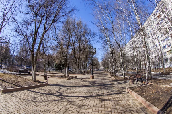 Pushkino, Russia, on March 17, 2015. City spring landscape, fisheye view. — Stock Photo, Image